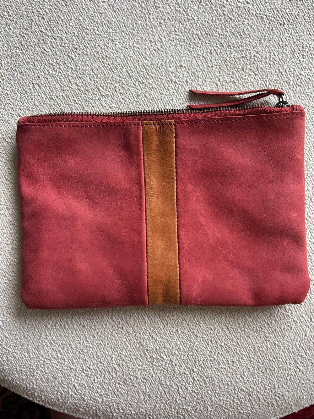 Able Red Leather Zip Pouch with Tan Center Stripe